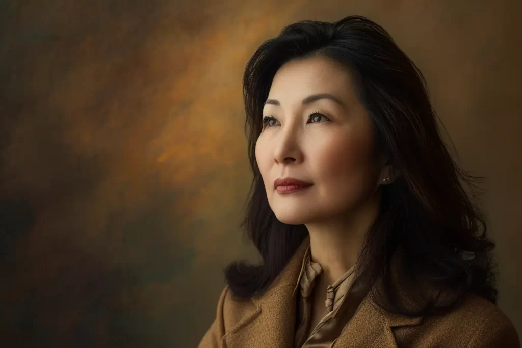 Elegant woman in contemplative pose against textured backdrop.