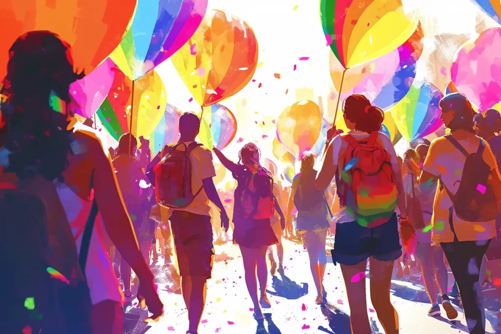 Crowd celebrating with colorful balloons and sunshine.