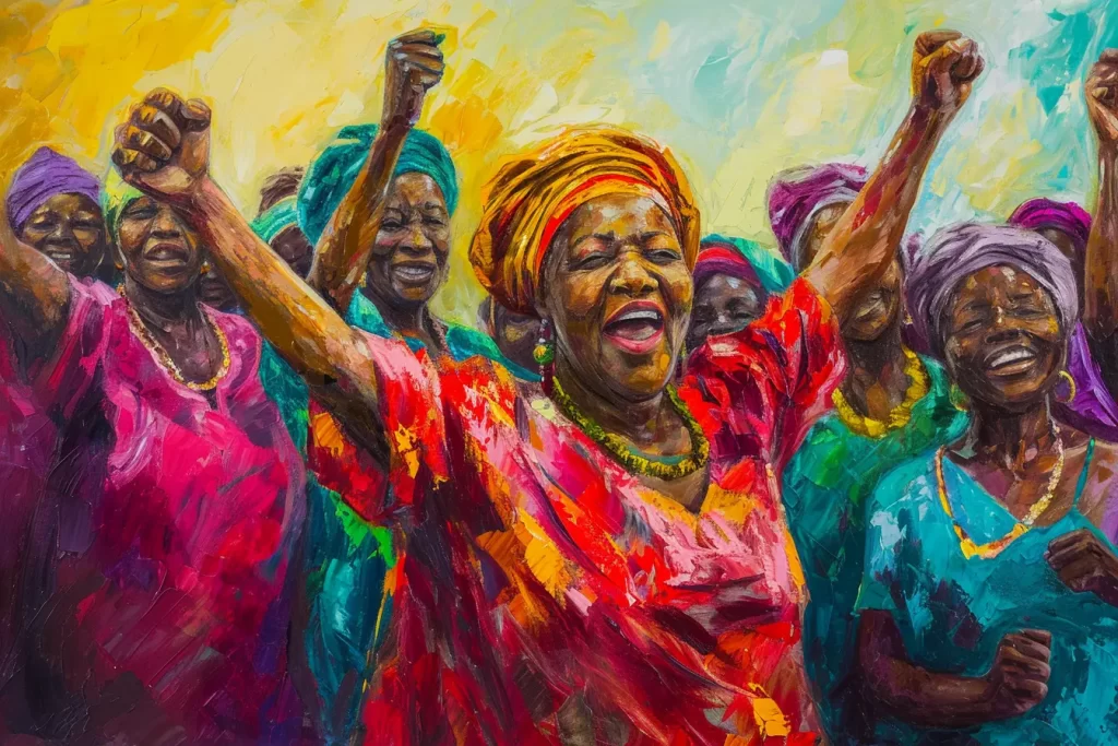 Vibrant painting of joyful women celebrating with raised fists.