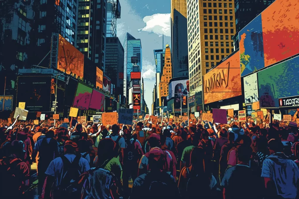 Crowd of protesters with signs in a stylized urban setting.