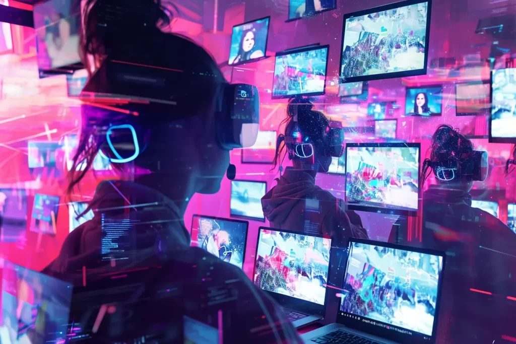 Woman wearing VR headset surrounded by multimedia screens.