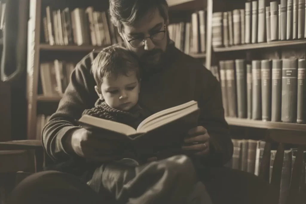 Father and son reading together in a home library.
