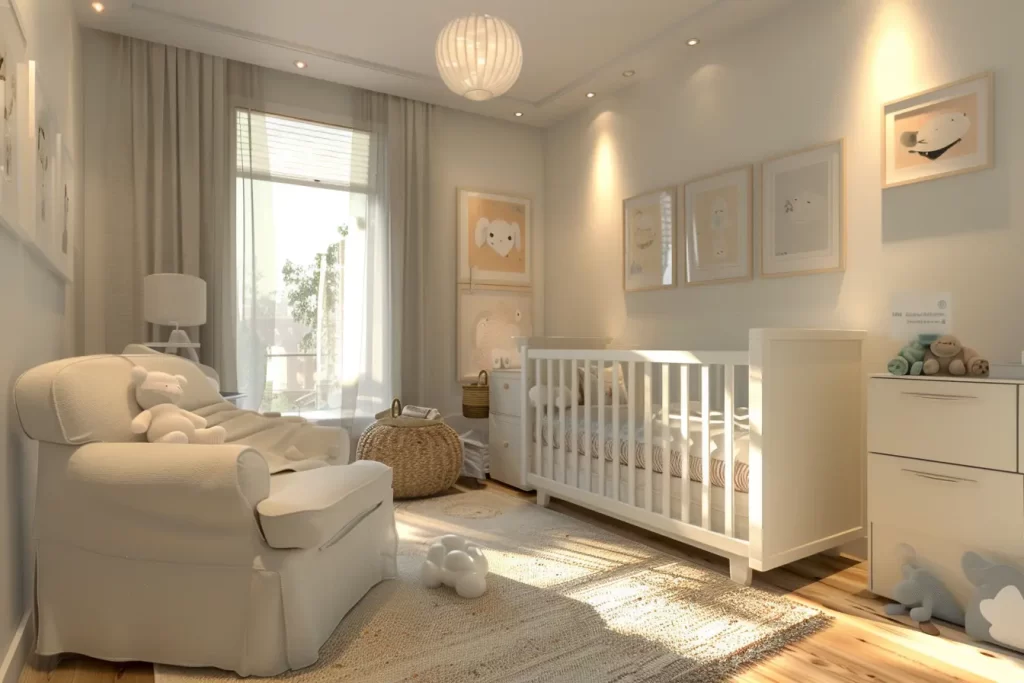 Cozy nursery room with white crib, plush chair, and animal-themed wall art.