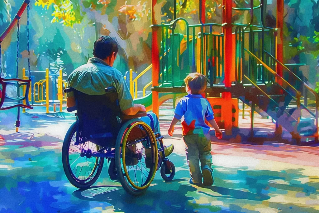 Man in wheelchair with child at a colorful playground.