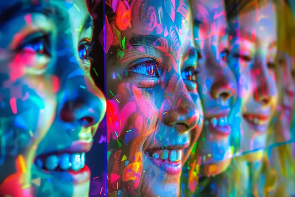 Faces illuminated by colorful projection lights.