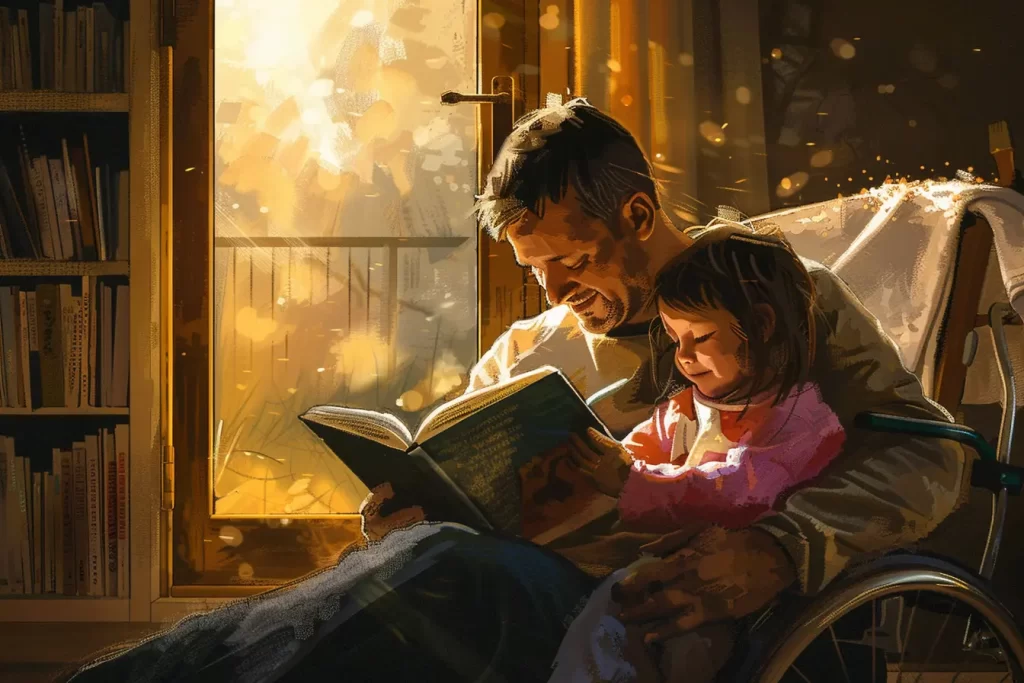 Father in wheelchair reading to daughter by sunlit window.