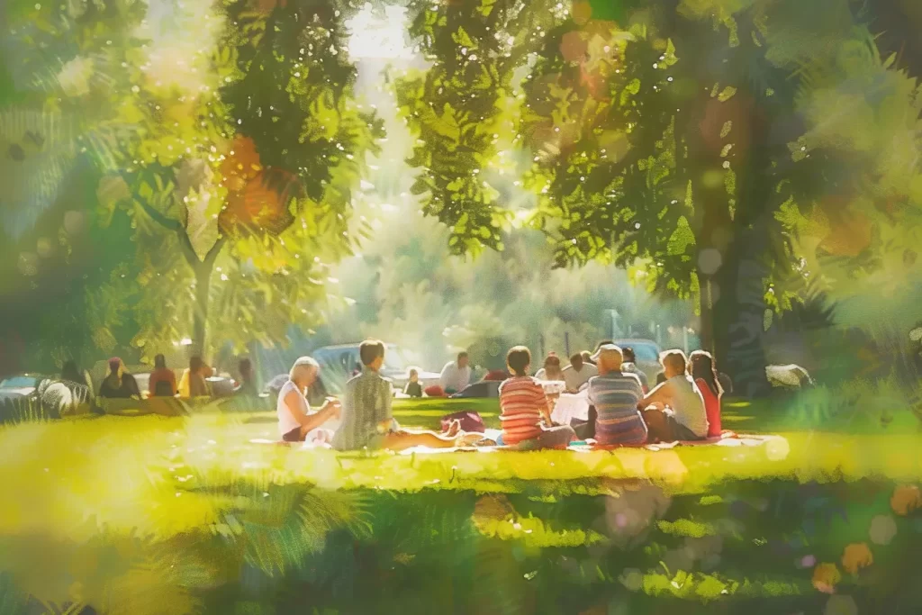 People relaxing in a sun-drenched park with lush trees.