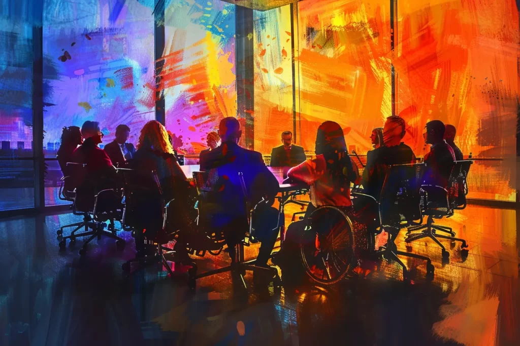Silhouetted business team in meeting with vibrant abstract art background.