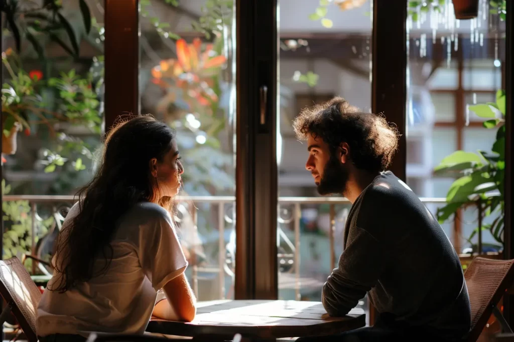 Two people deep in conversation at a cafe with plants in the background.