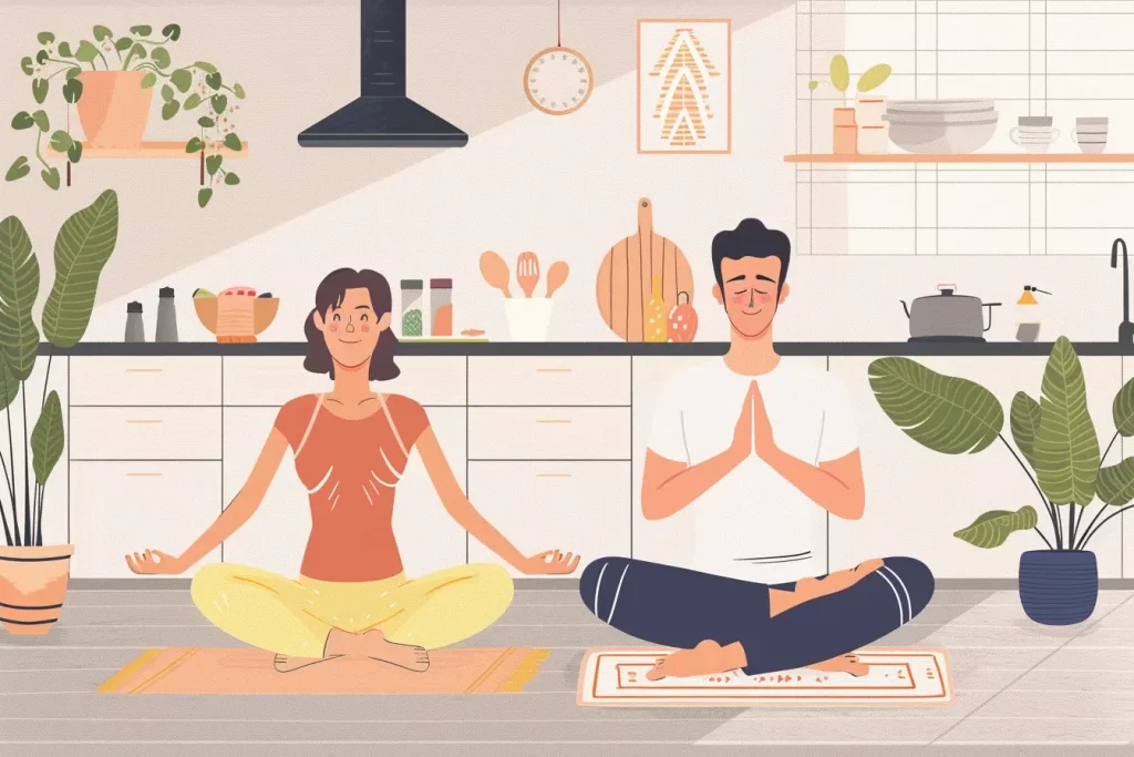 Couple practicing yoga in a home kitchen.