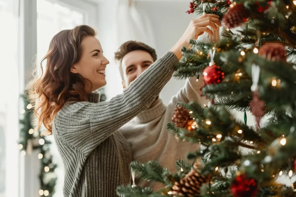 Couple decorating a Christmas tree together.