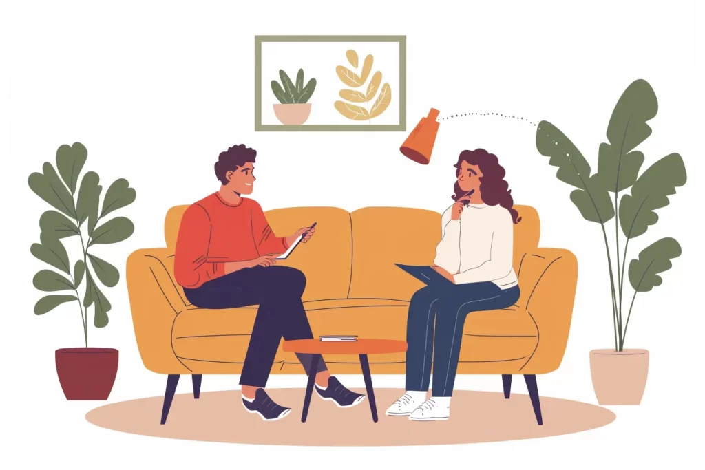 Man and woman conversing on a yellow couch with plants and wall art.