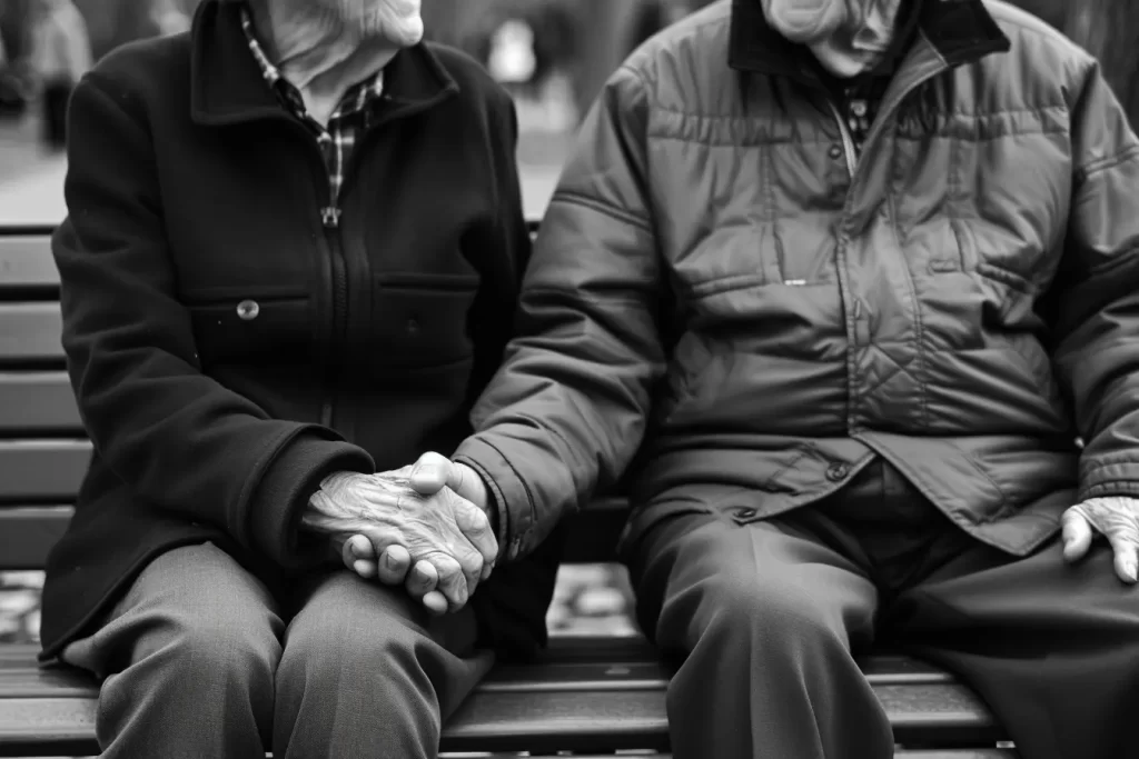 Elderly couple holding hands on a bench.