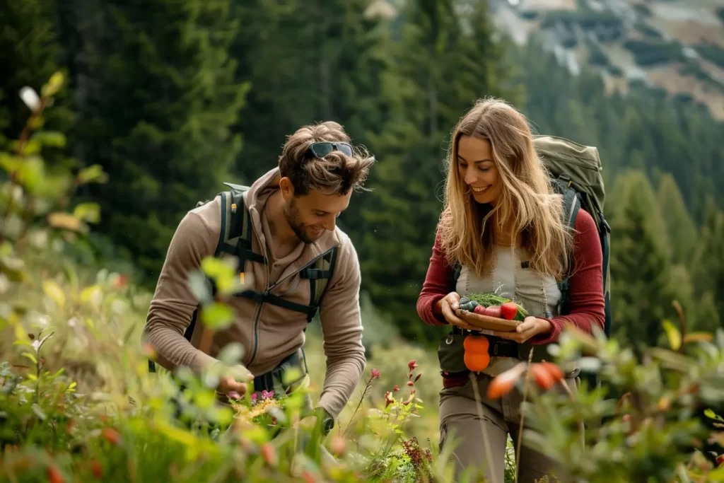 Hikers examining plants in a forest.