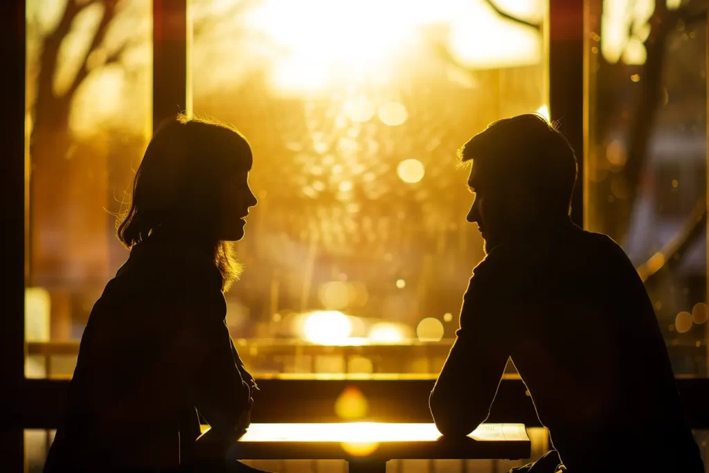 Silhouettes of two people conversing at sunset.