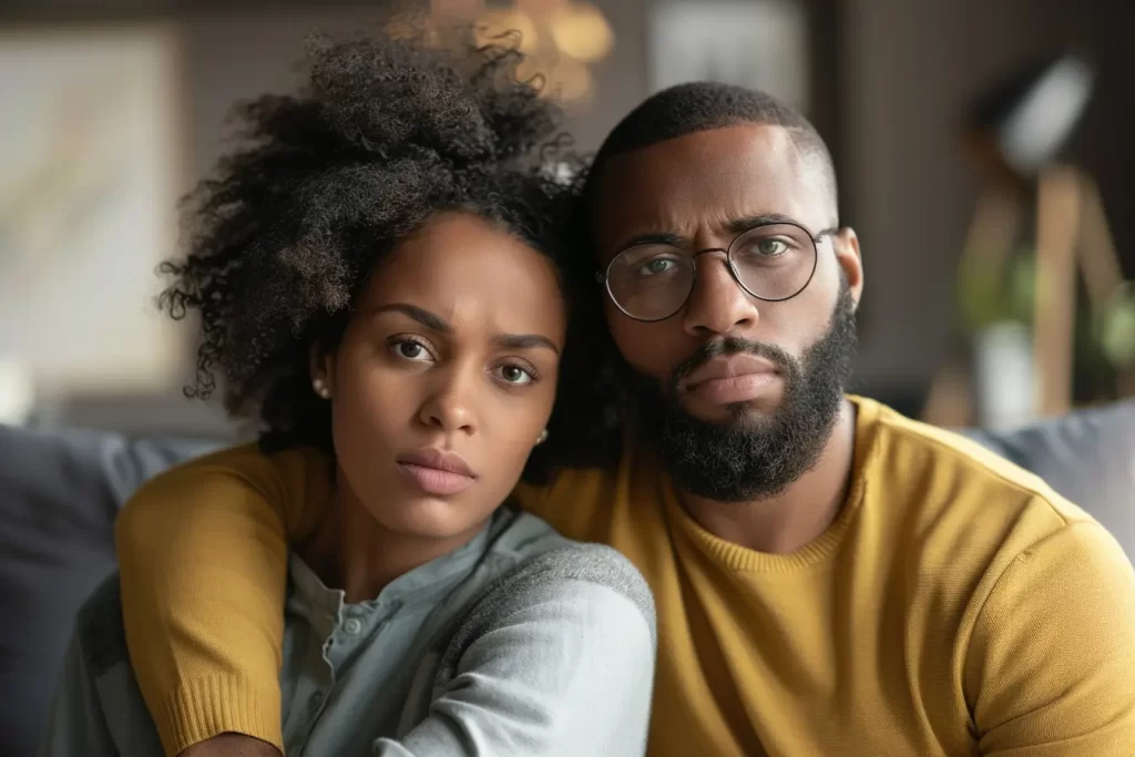 Concerned couple sitting closely together.
