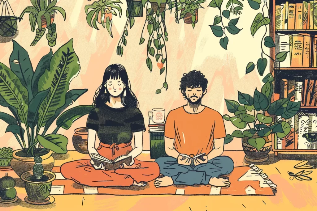 Couple meditating among indoor plants.
