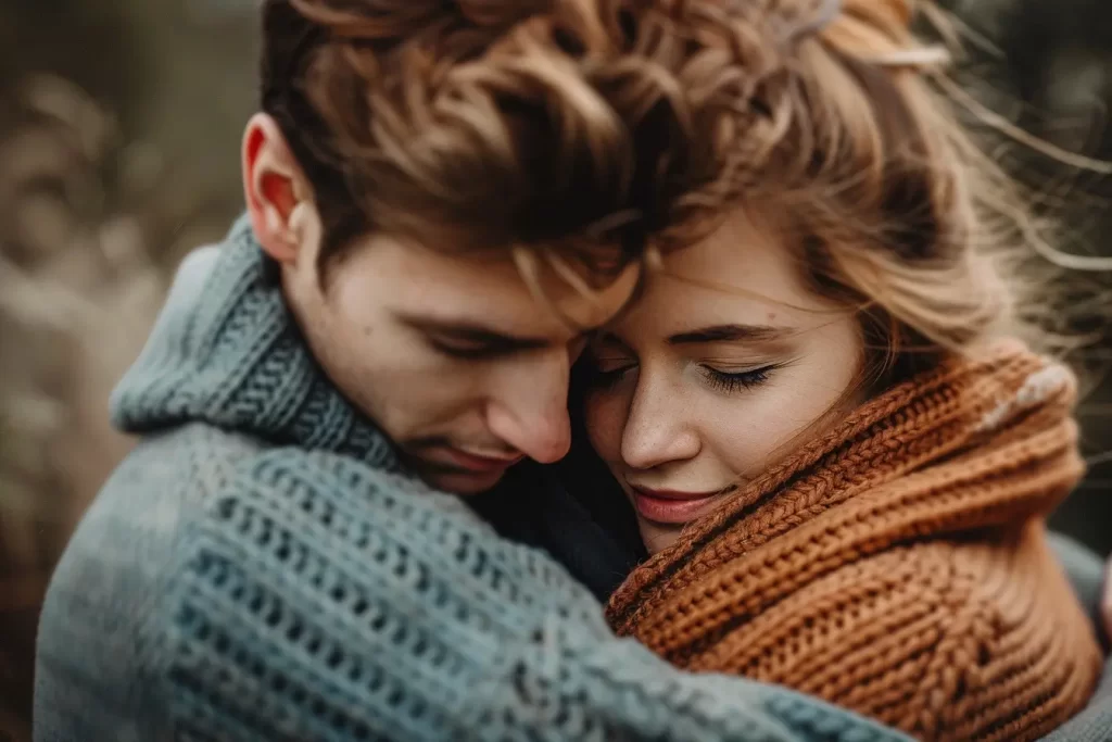 Intimate embrace between a couple outdoors.