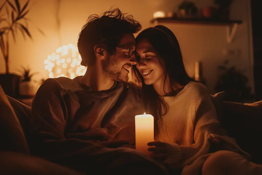 Couple sharing a laugh by candlelight.